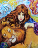 Das Girl And Lion Painting Wallpaper 128x160