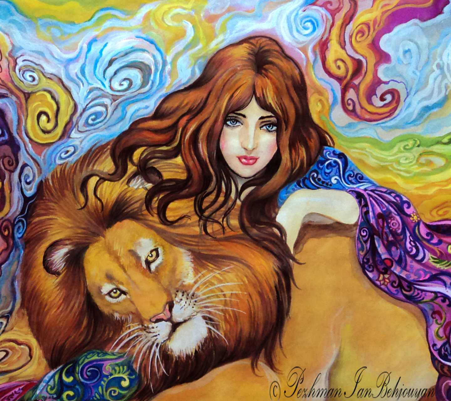 Fondo de pantalla Girl And Lion Painting 1440x1280