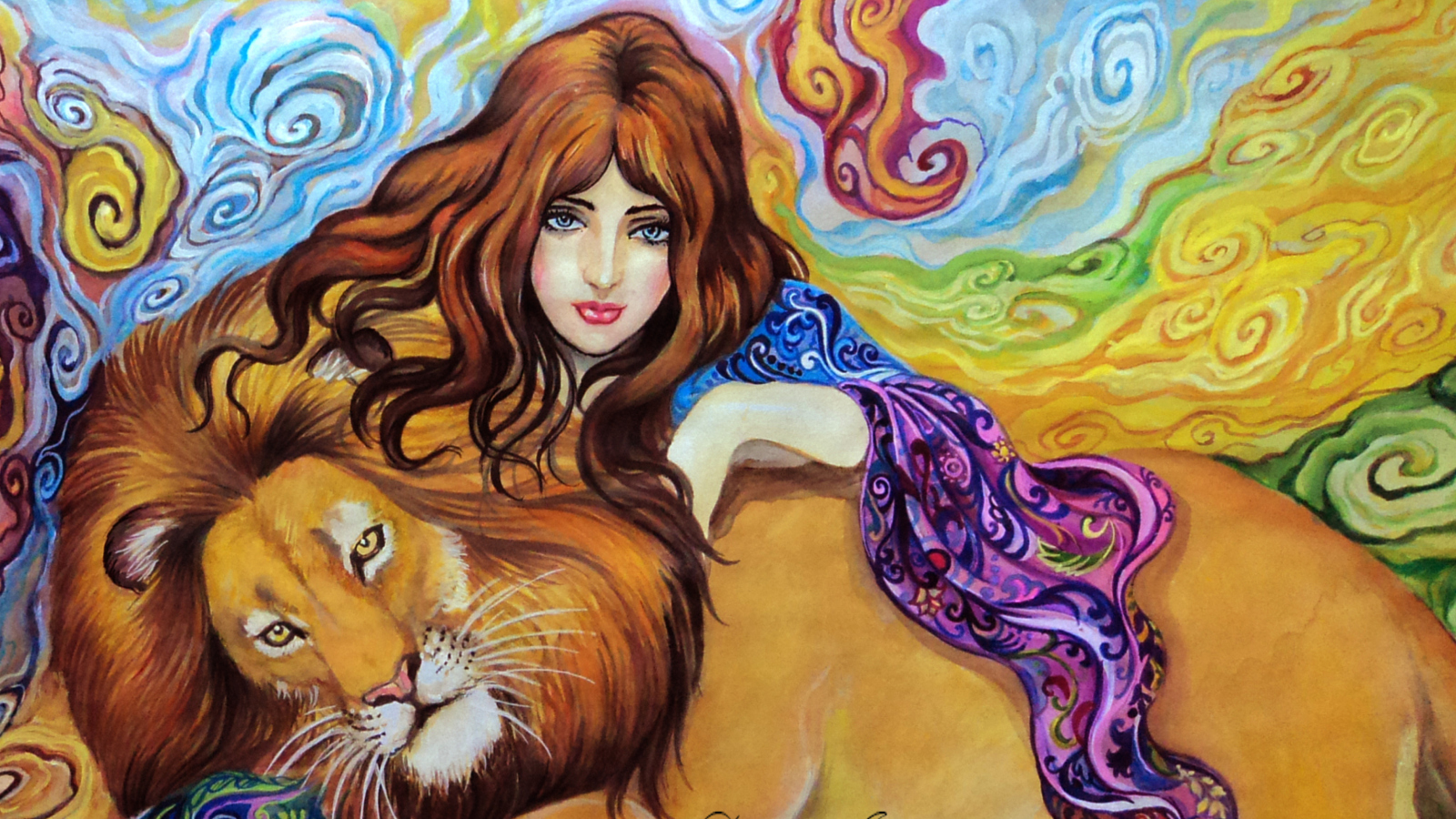 Screenshot №1 pro téma Girl And Lion Painting 1600x900