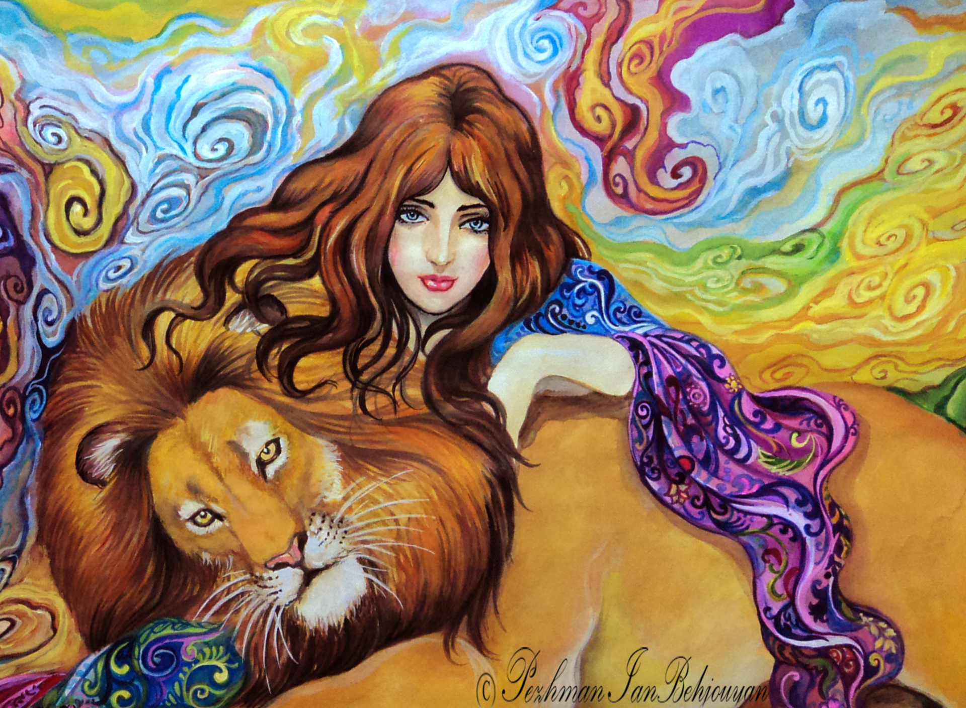 Das Girl And Lion Painting Wallpaper 1920x1408