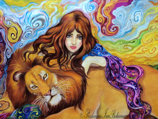 Das Girl And Lion Painting Wallpaper 320x240