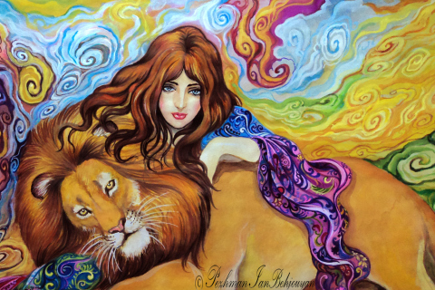 Das Girl And Lion Painting Wallpaper 480x320