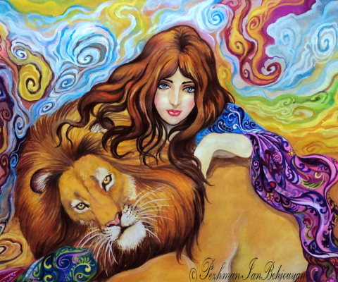 Fondo de pantalla Girl And Lion Painting 480x400