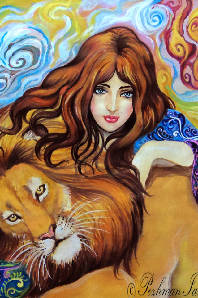 Sfondi Girl And Lion Painting 640x960