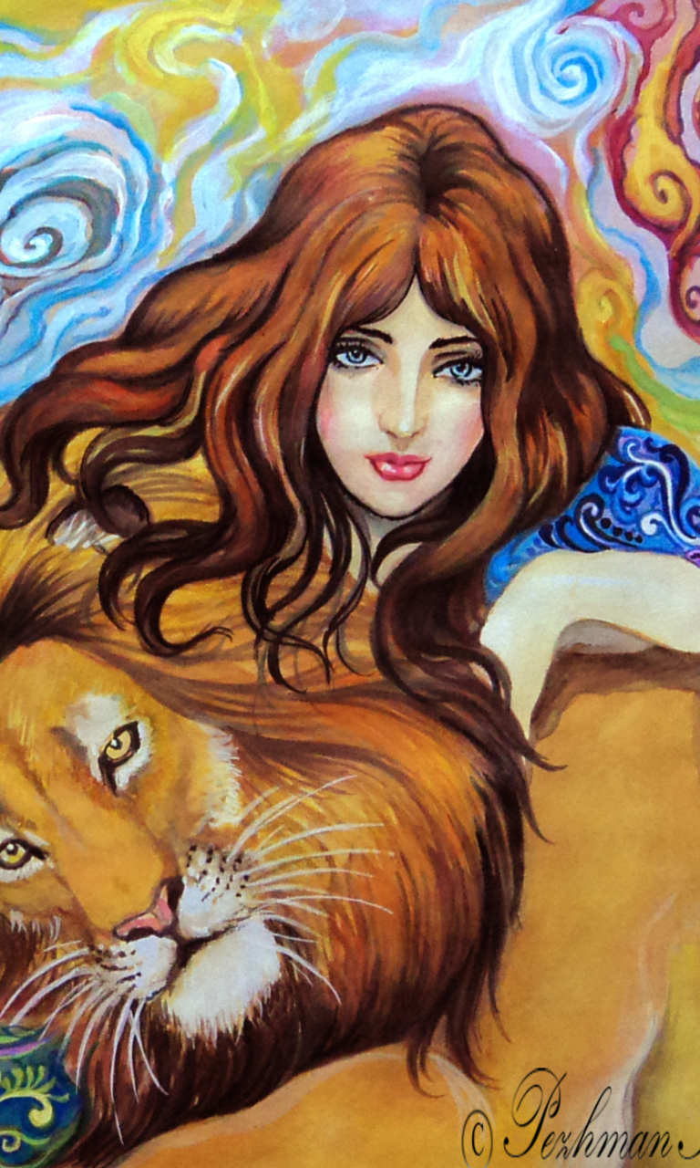 Обои Girl And Lion Painting 768x1280
