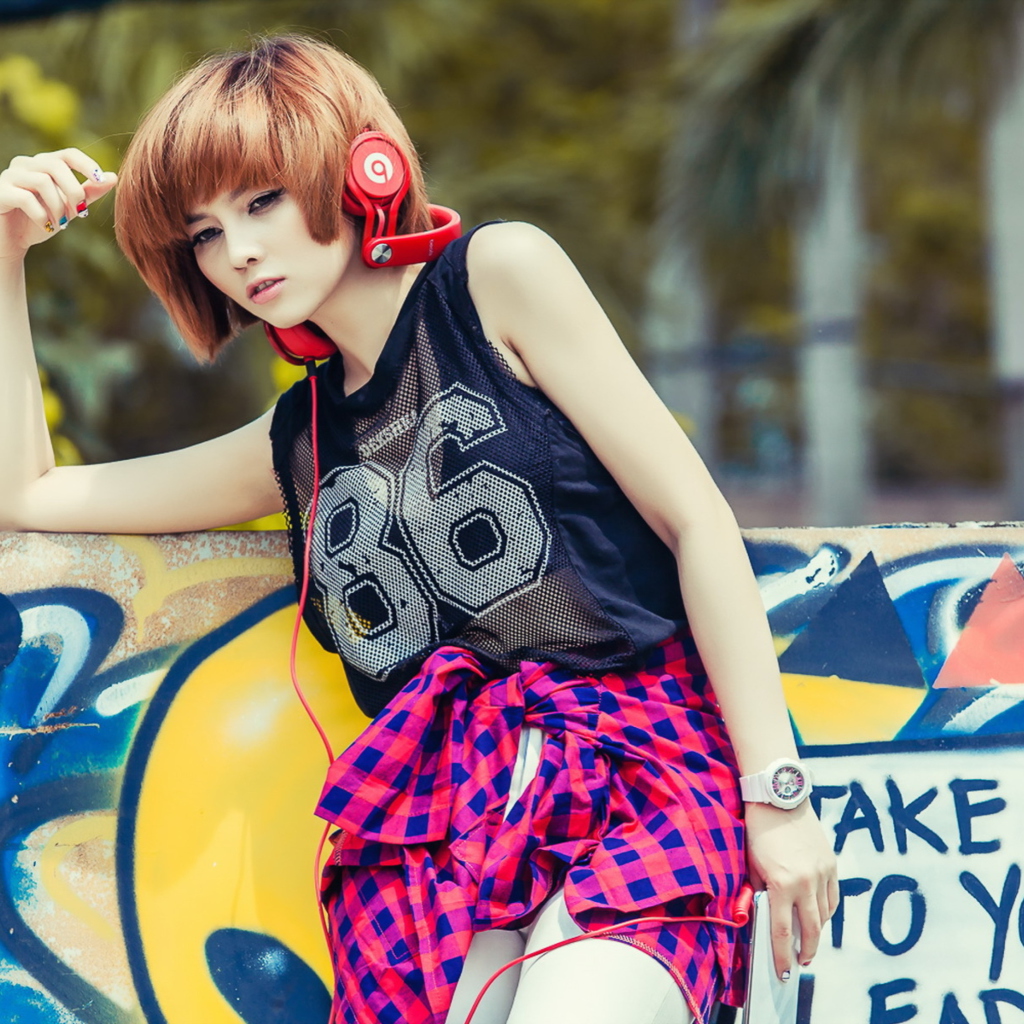 Cool Girl With Red Headphones wallpaper 1024x1024