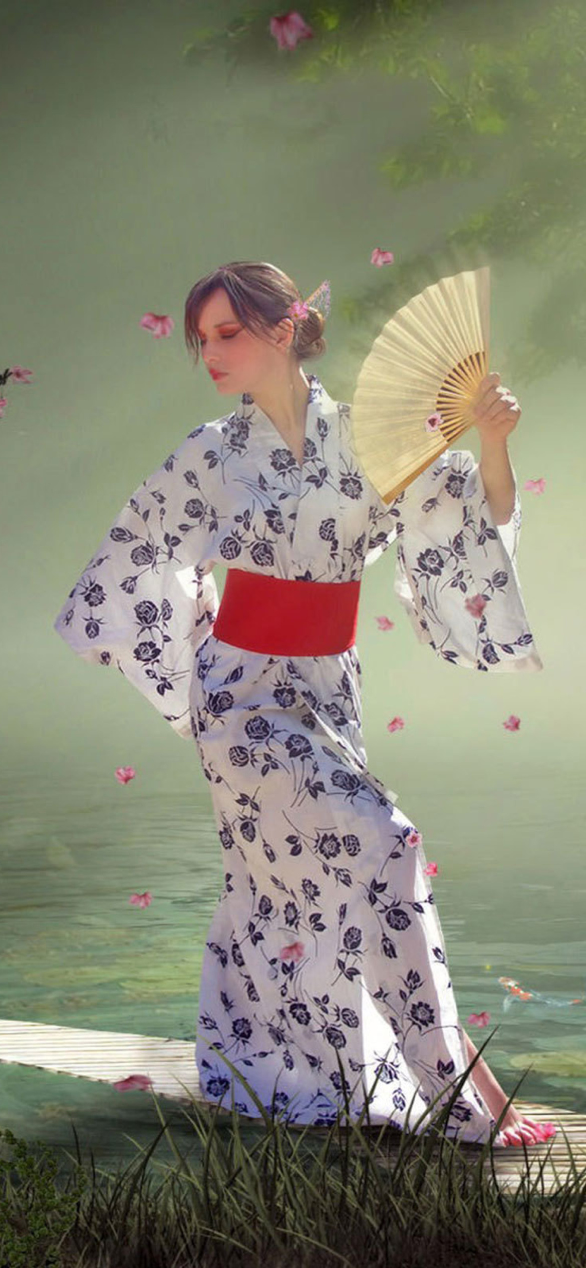 Sfondi Japanese Girl In Kimono in Sakura Garden 1170x2532