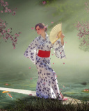 Japanese Girl In Kimono in Sakura Garden wallpaper 128x160