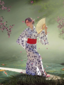 Japanese Girl In Kimono in Sakura Garden wallpaper 132x176