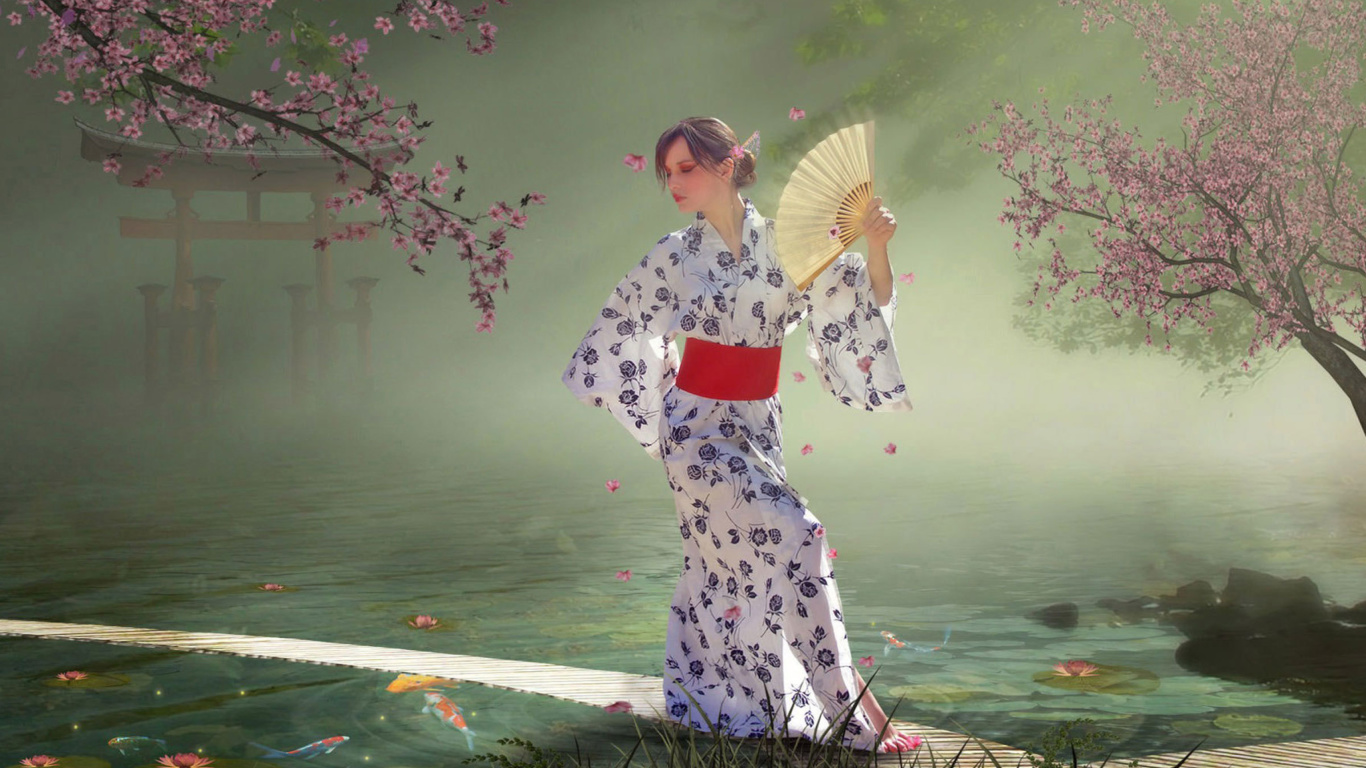 Обои Japanese Girl In Kimono in Sakura Garden 1366x768