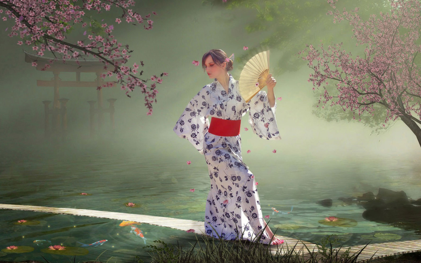 Japanese Girl In Kimono in Sakura Garden wallpaper 1440x900