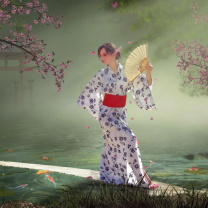Обои Japanese Girl In Kimono in Sakura Garden 208x208