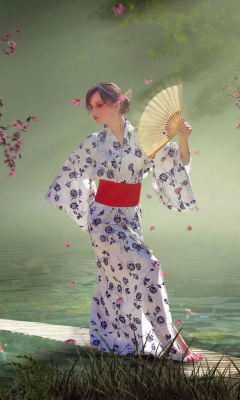 Screenshot №1 pro téma Japanese Girl In Kimono in Sakura Garden 240x400