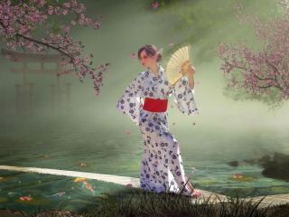Обои Japanese Girl In Kimono in Sakura Garden 320x240
