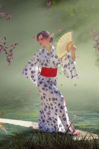 Japanese Girl In Kimono in Sakura Garden wallpaper 320x480