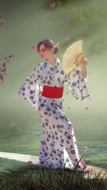 Japanese Girl In Kimono in Sakura Garden wallpaper 360x640