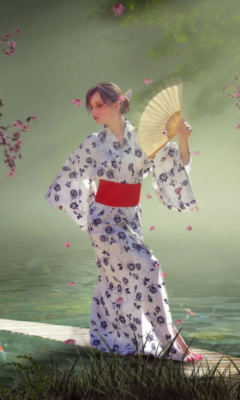 Обои Japanese Girl In Kimono in Sakura Garden 480x800