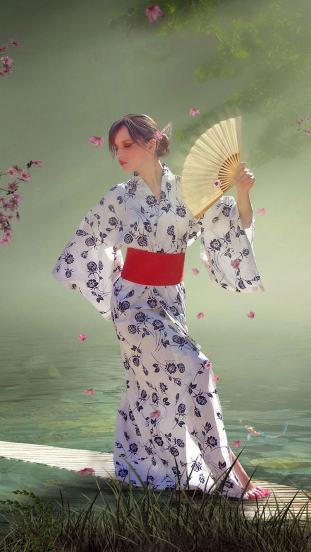 Japanese Girl In Kimono in Sakura Garden wallpaper 640x1136