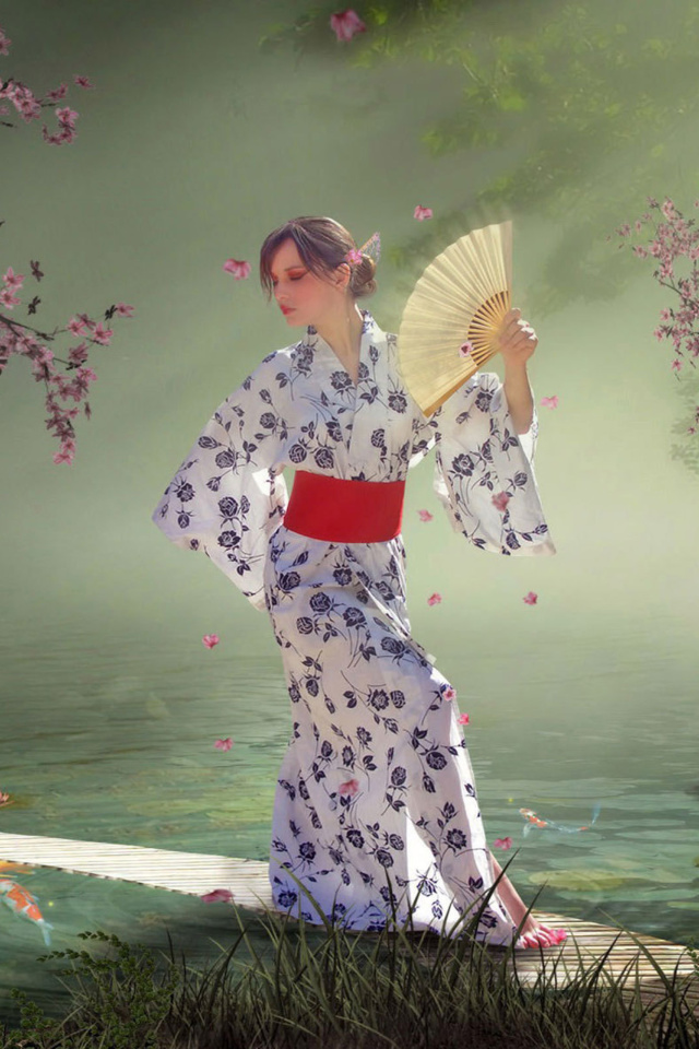 Обои Japanese Girl In Kimono in Sakura Garden 640x960