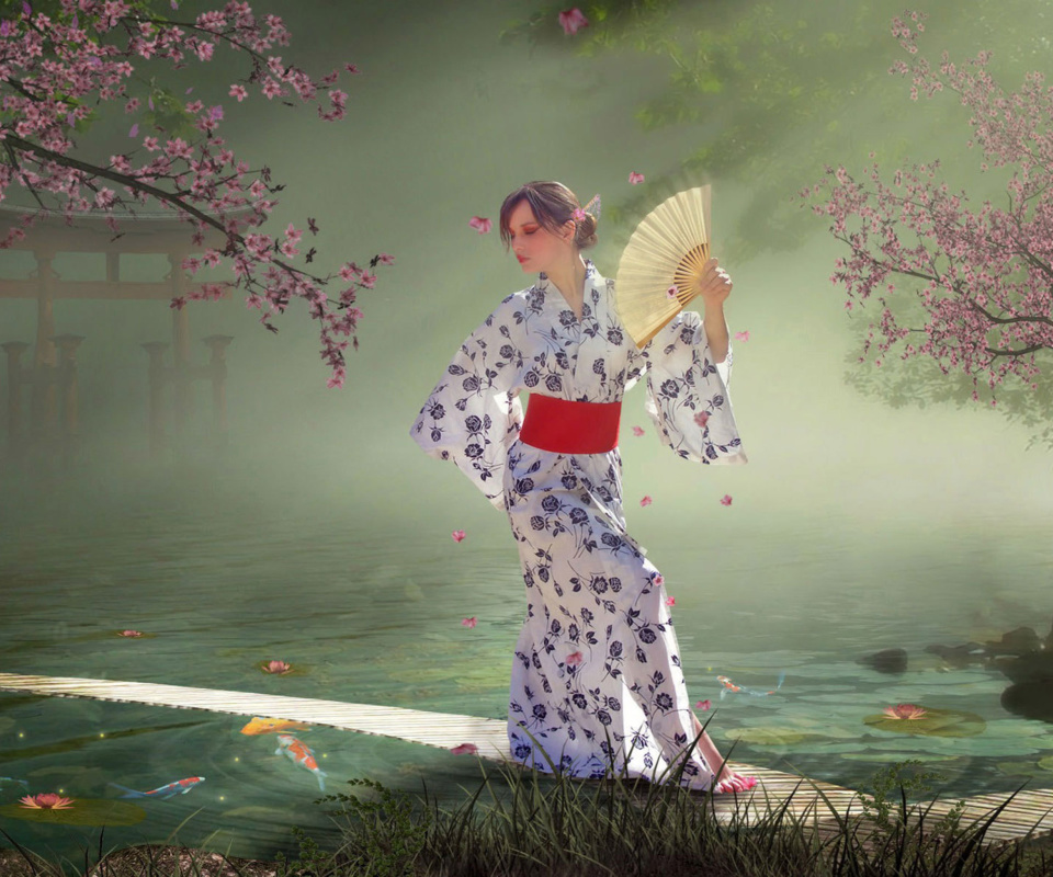 Обои Japanese Girl In Kimono in Sakura Garden 960x800