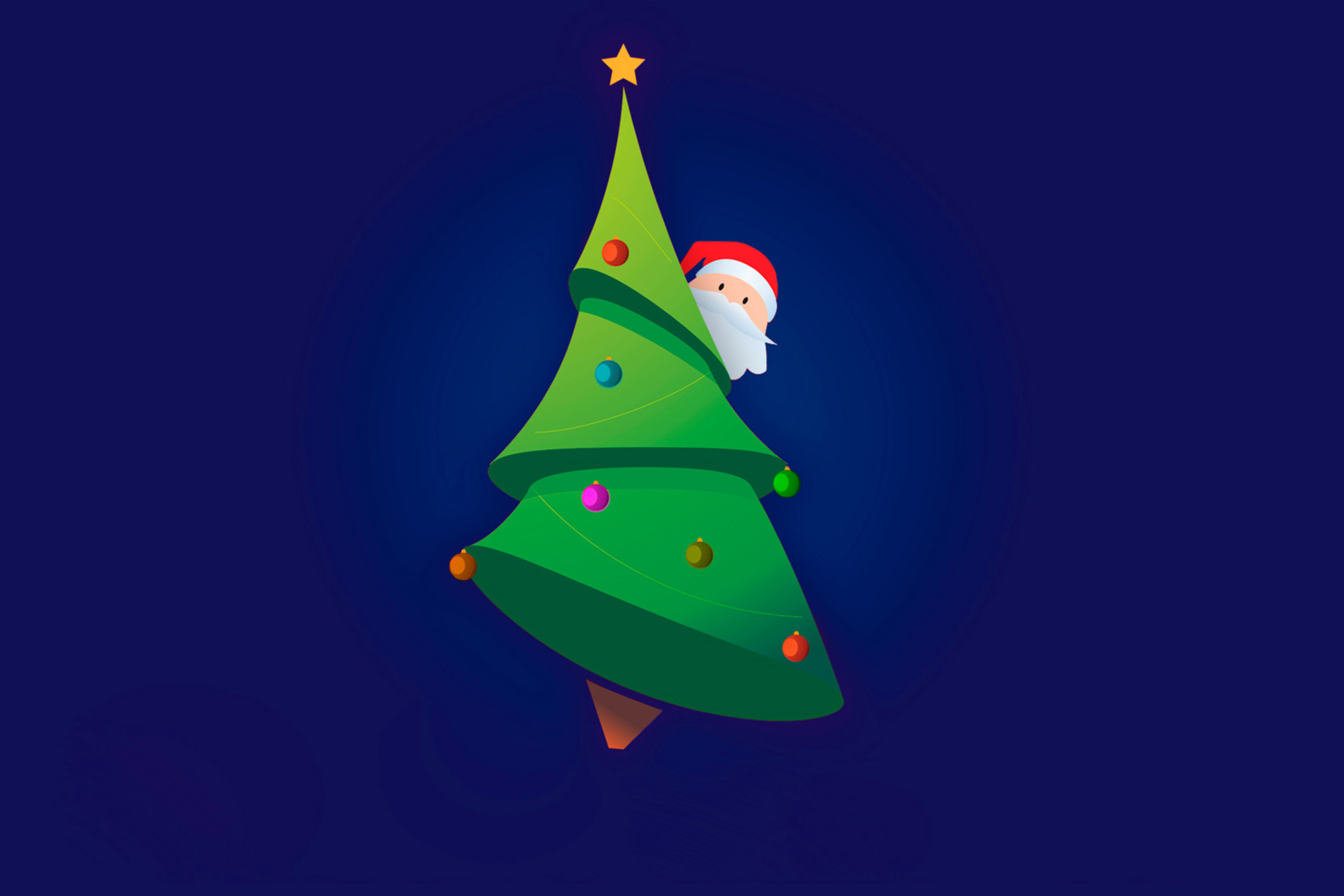 Das Santa Hising Behind Christmas Tree Wallpaper 2880x1920