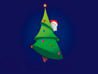 Das Santa Hising Behind Christmas Tree Wallpaper 320x240
