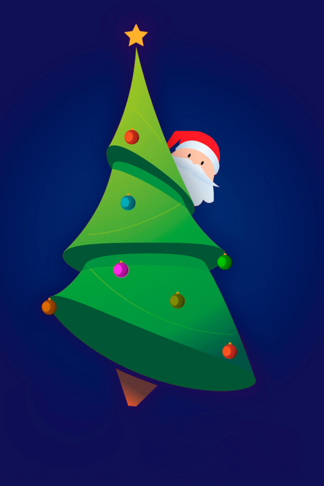 Das Santa Hising Behind Christmas Tree Wallpaper 640x960