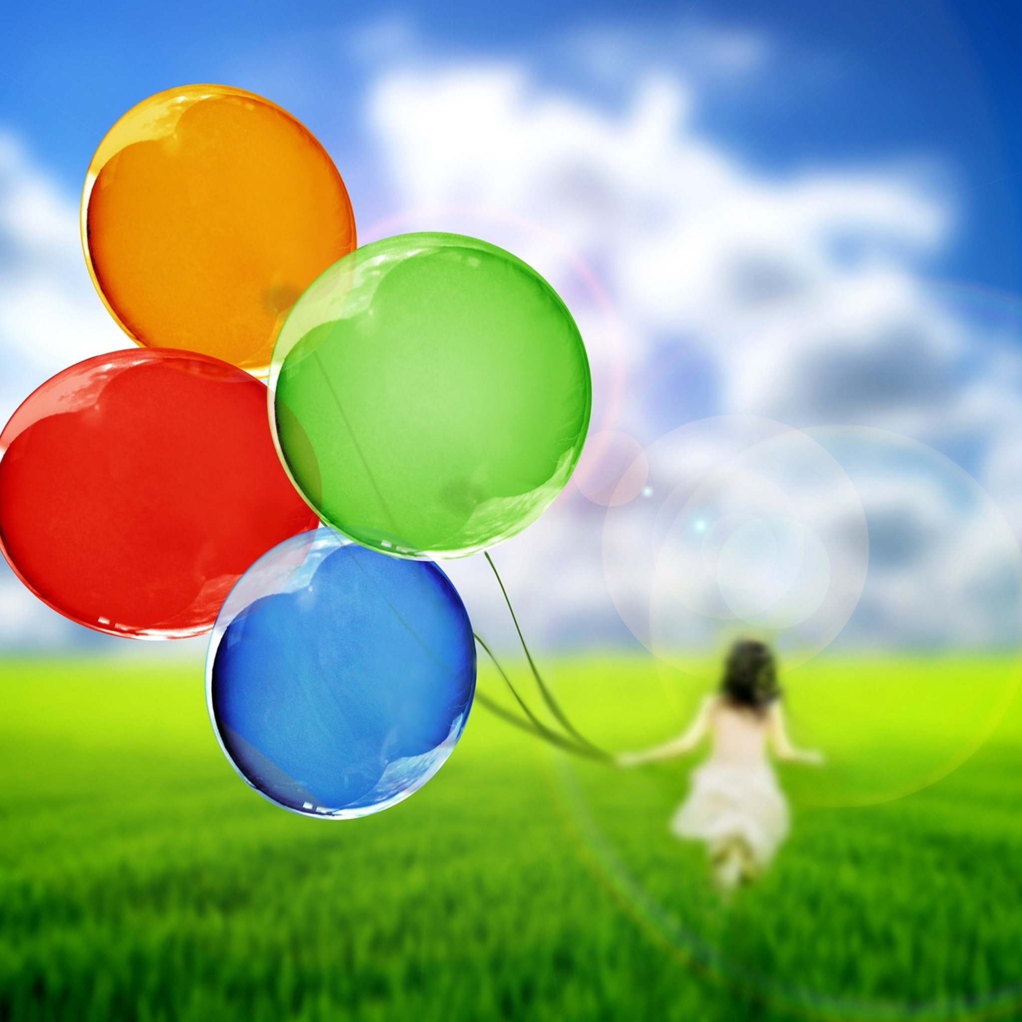 Das Girl Running With Colorful Balloons Wallpaper 2048x2048