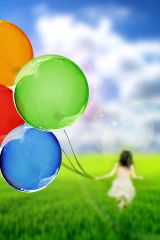 Fondo de pantalla Girl Running With Colorful Balloons 320x480