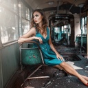 Girl in abandoned train wallpaper 128x128