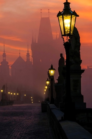 Charles Bridge - Prague in fog wallpaper 320x480