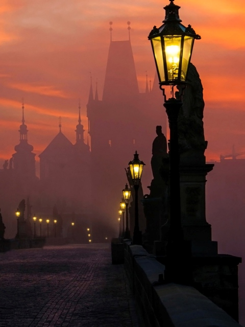 Das Charles Bridge - Prague in fog Wallpaper 480x640