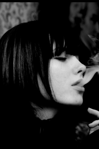 Black and white photo smoking girl wallpaper 320x480
