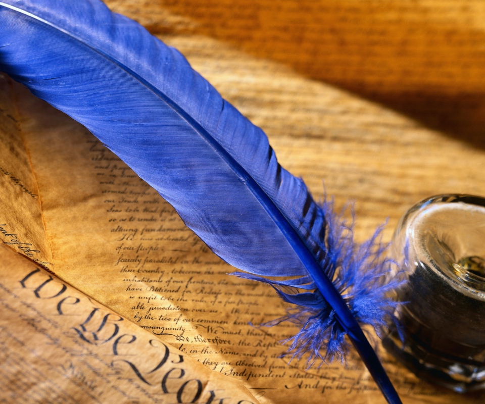 Blue Writing Feather wallpaper 960x800