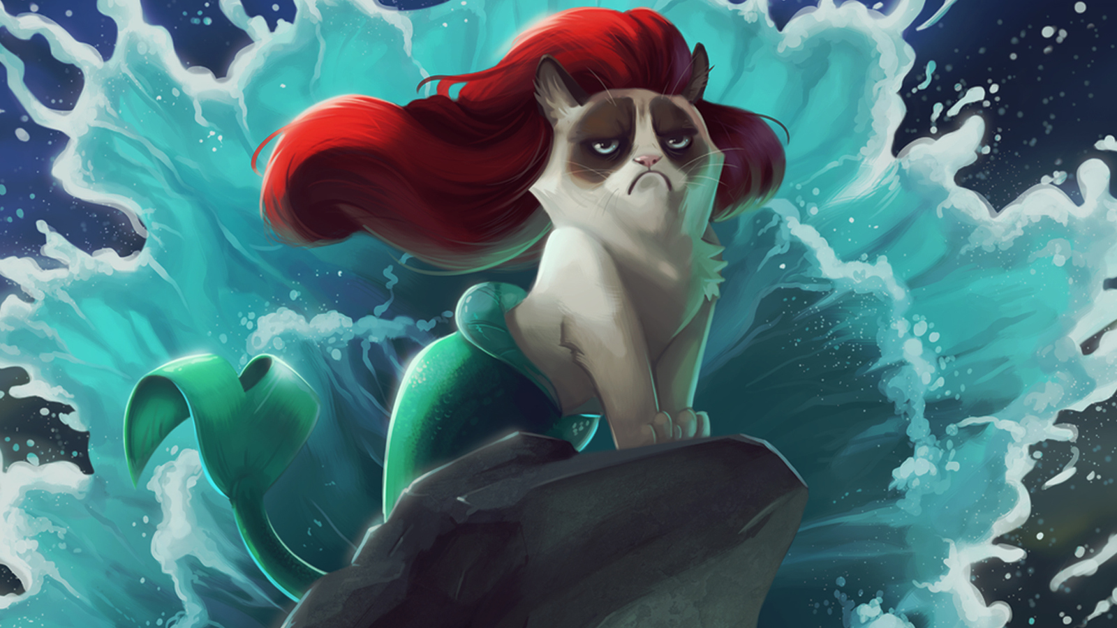 Fondo de pantalla Grumpy Cat Mermaid 1600x900