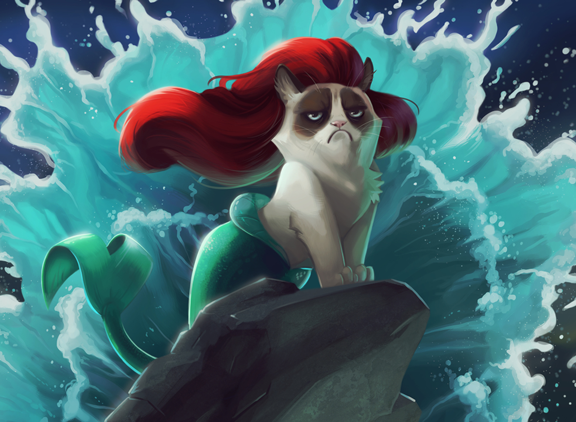 Обои Grumpy Cat Mermaid 1920x1408