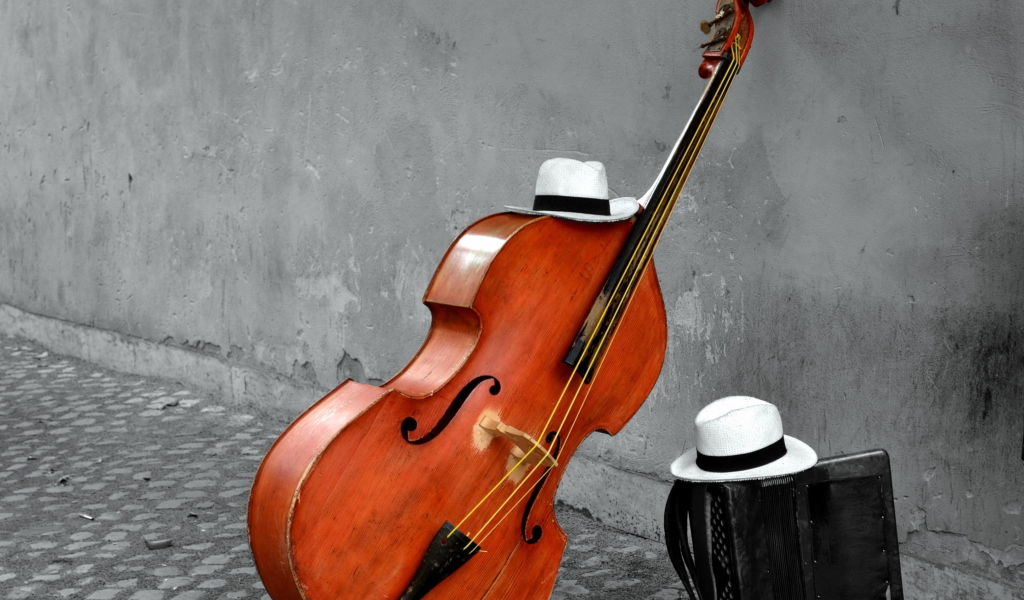Contrabass And Hat On Street wallpaper 1024x600