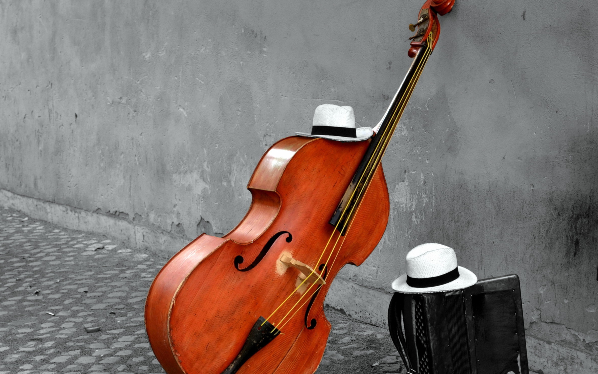 Contrabass And Hat On Street wallpaper 1920x1200