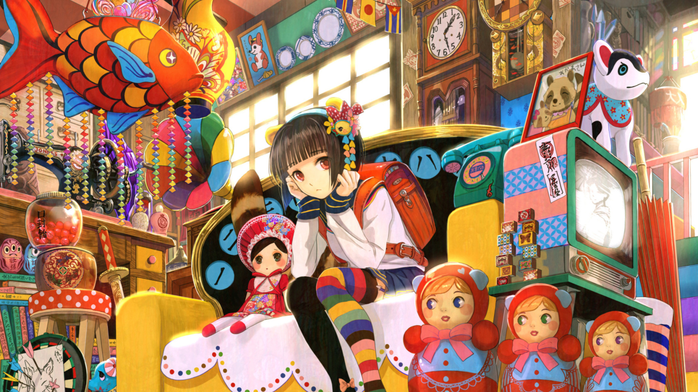 Das Anime Girl In Shop Wallpaper 1366x768