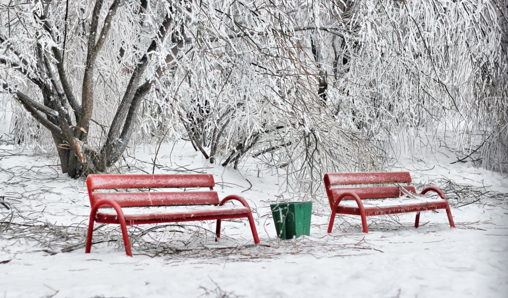 Benches in Snow wallpaper 1024x600