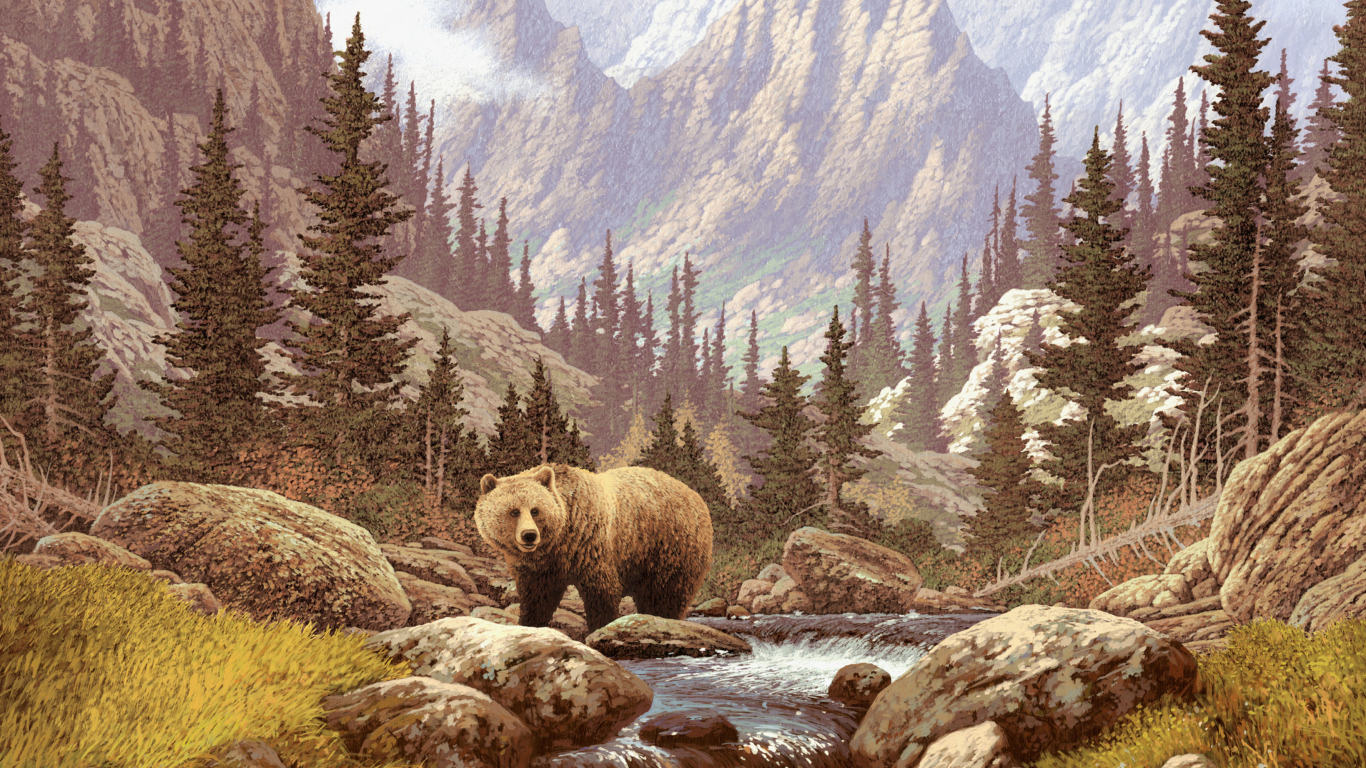 Bear At Mountain River wallpaper 1366x768