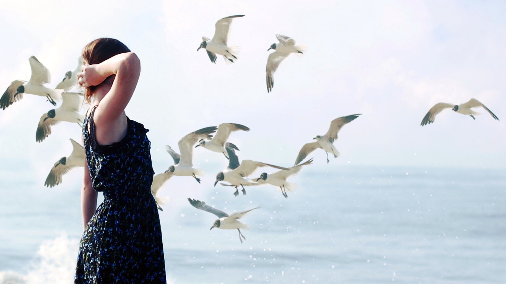 Das Girl On Sea Coast And Seagulls Wallpaper 1920x1080