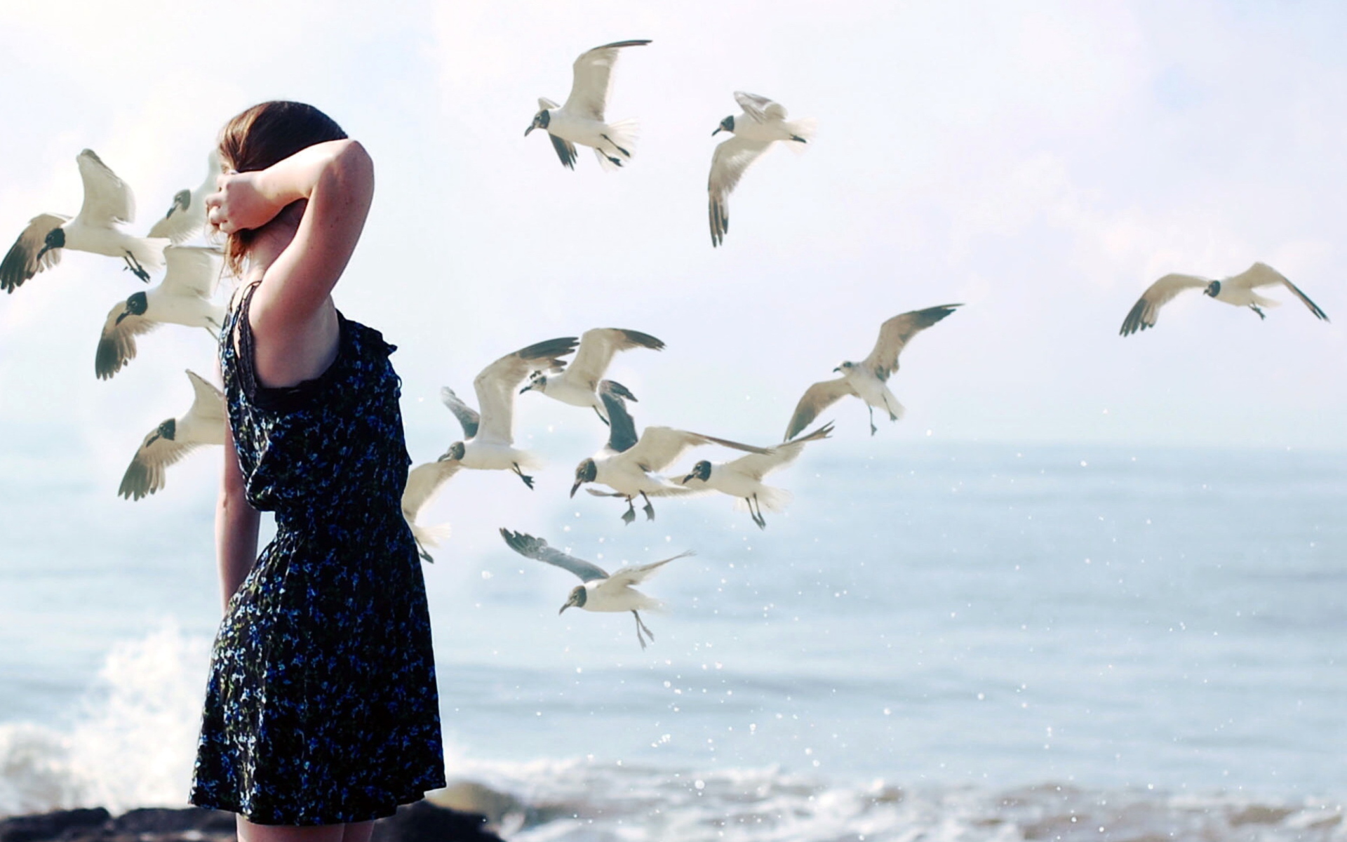 Girl On Sea Coast And Seagulls wallpaper 1920x1200