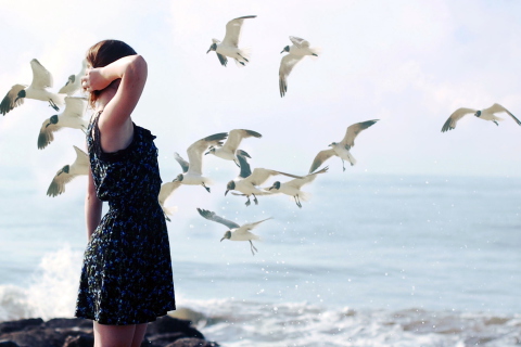 Girl On Sea Coast And Seagulls wallpaper 480x320