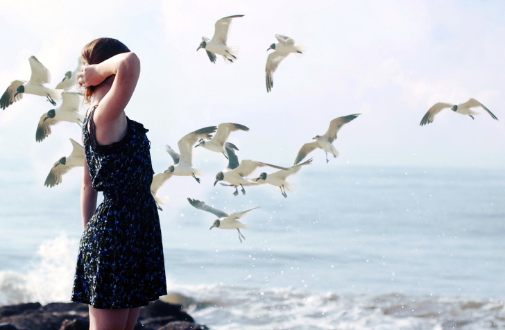 Girl On Sea Coast And Seagulls wallpaper