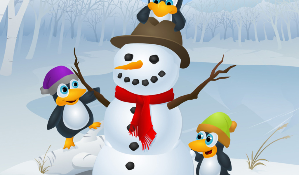 Обои Snowman and Penguin 1024x600