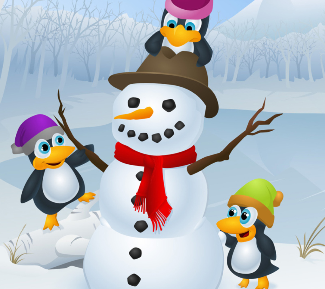Snowman and Penguin wallpaper 1080x960