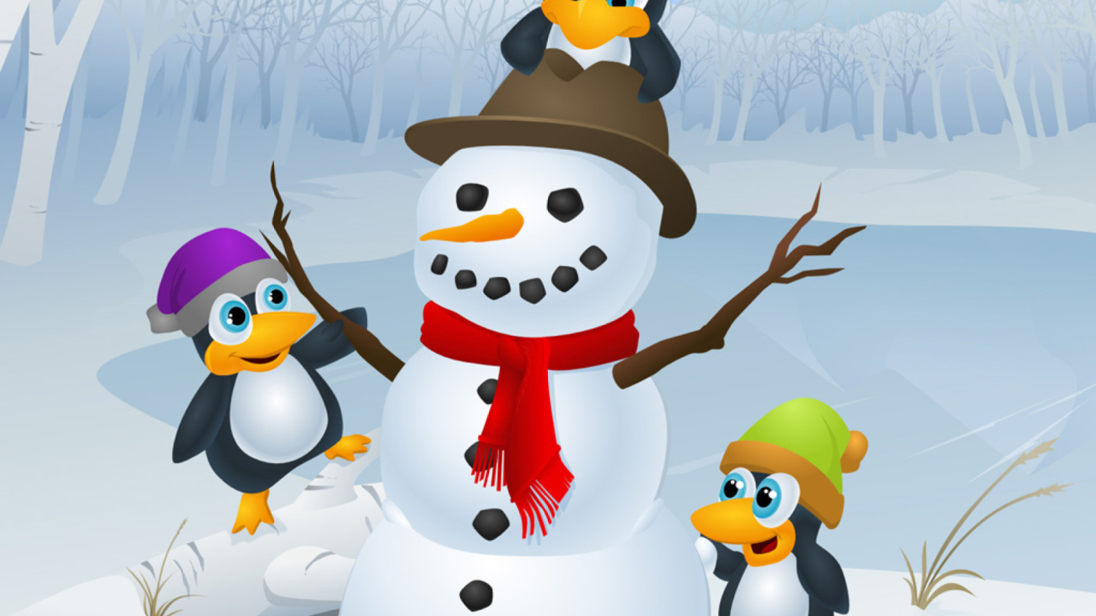Snowman and Penguin wallpaper 1600x900