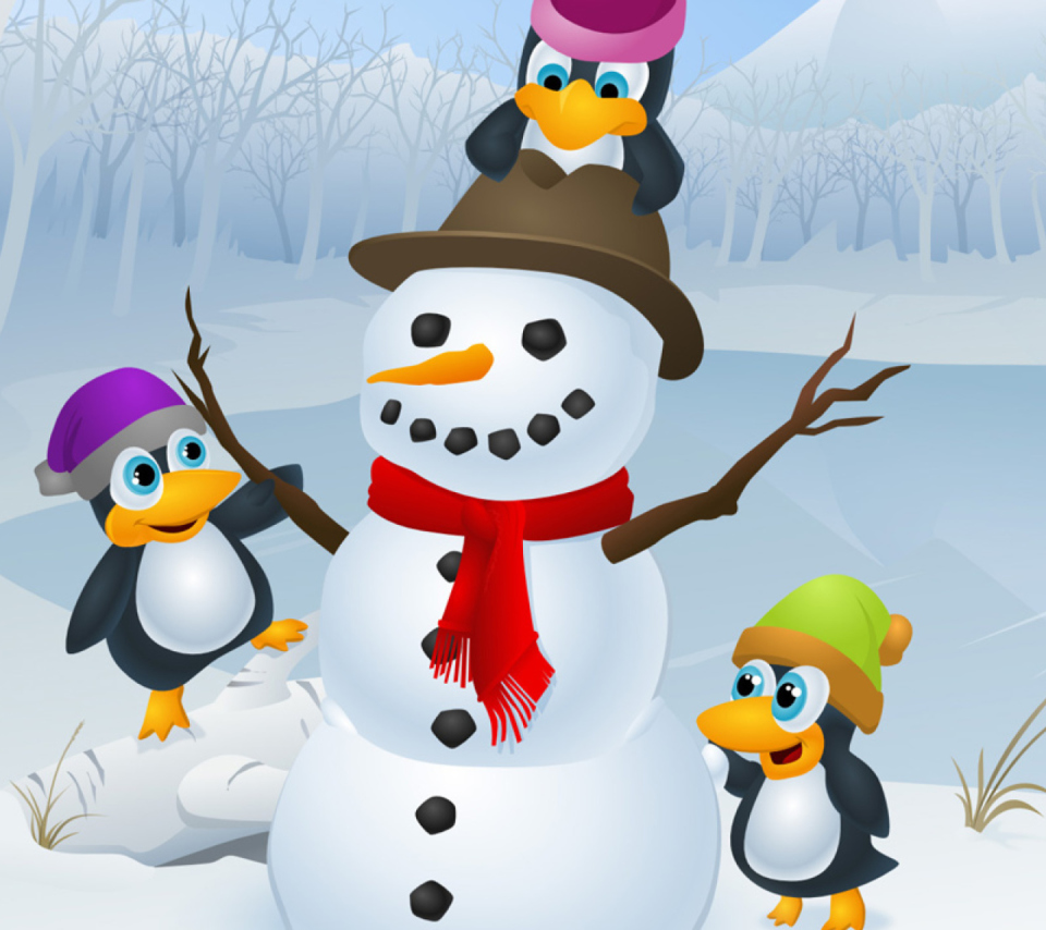Das Snowman and Penguin Wallpaper 960x854