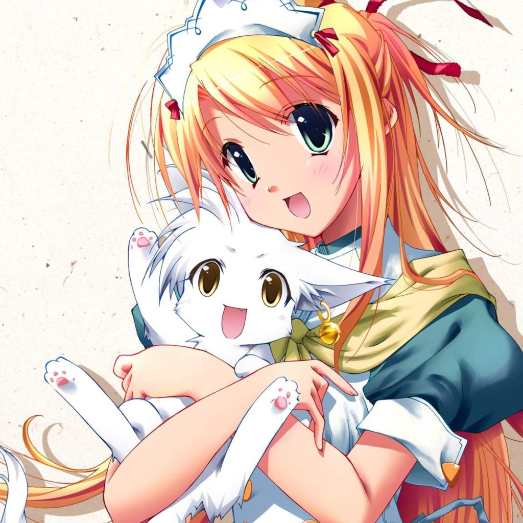 Das Girl Holding Kitty - Bukatsu Kikaku Wallpaper 1024x1024